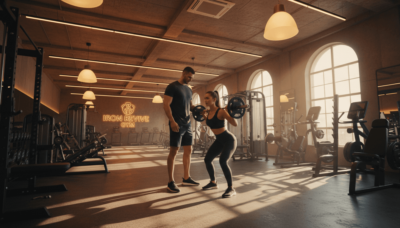 Entrenador personal profesional trabajando con cliente en gimnasio moderno