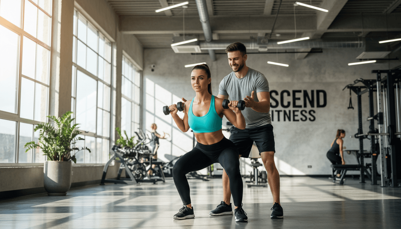 Entrenamiento personal en gimnasio moderno con clientes motivados