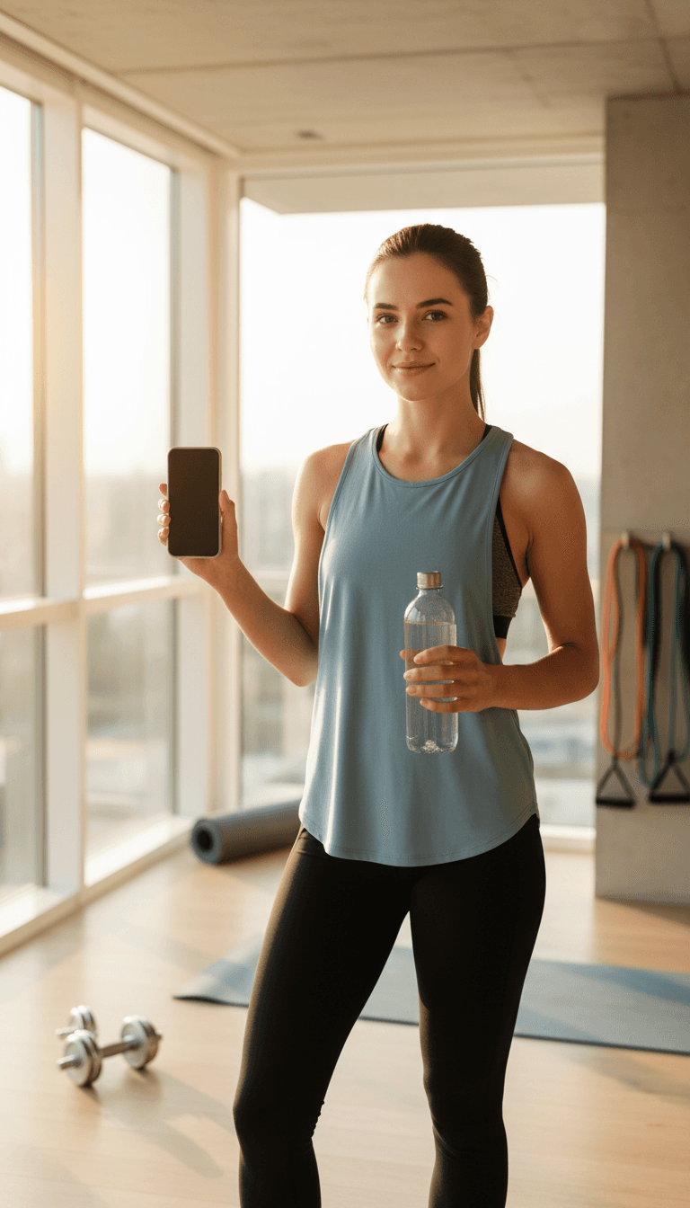 Persona revisando objetivos de fitness en tablet en ambiente confortable