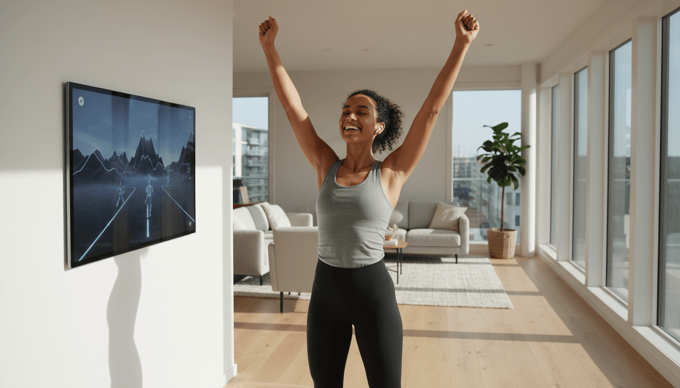 Persona motivada celebrando su progreso de fitness en un gimnasio moderno