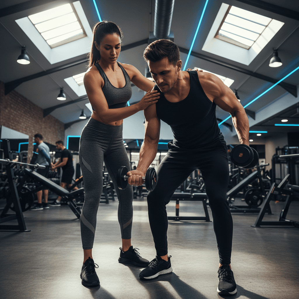 Entrenador personal trabajando con cliente en gimnasio moderno