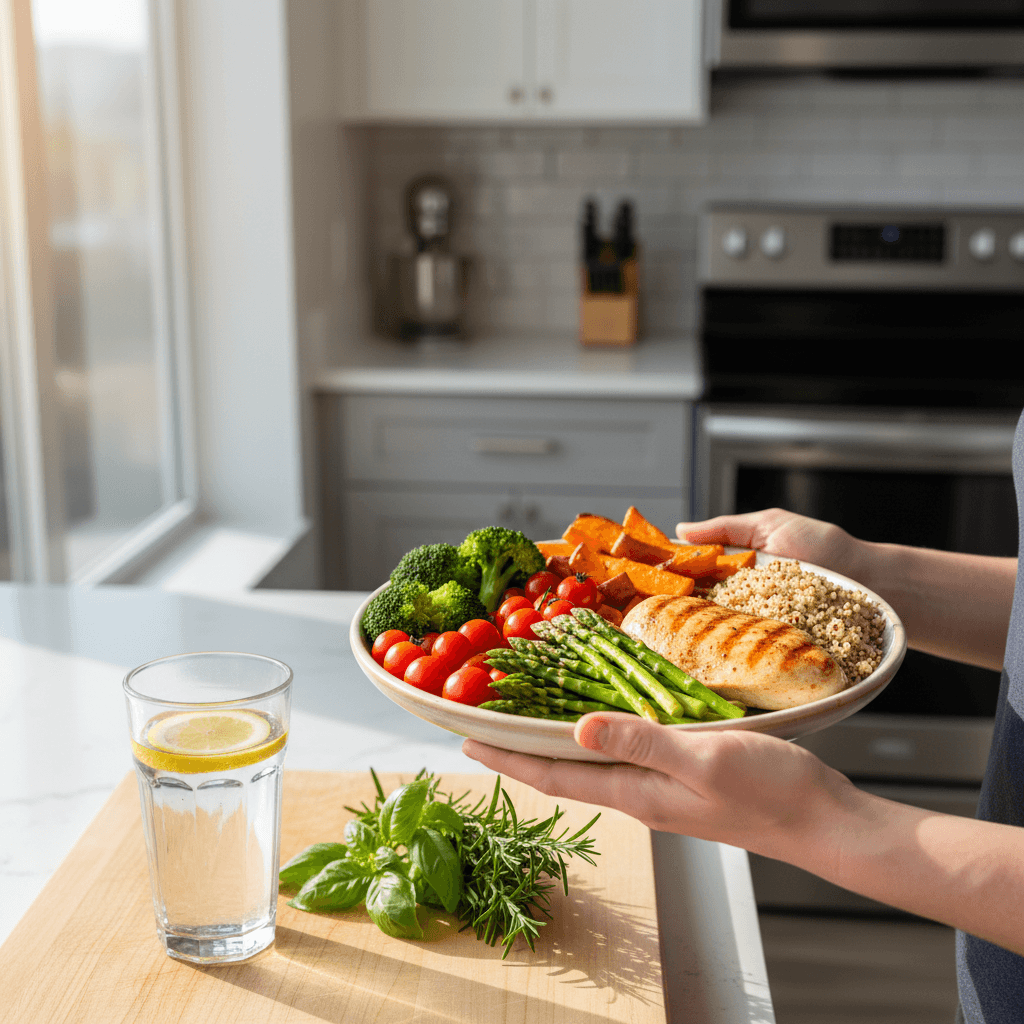 Preparación de comida saludable con verduras frescas y proteína magra