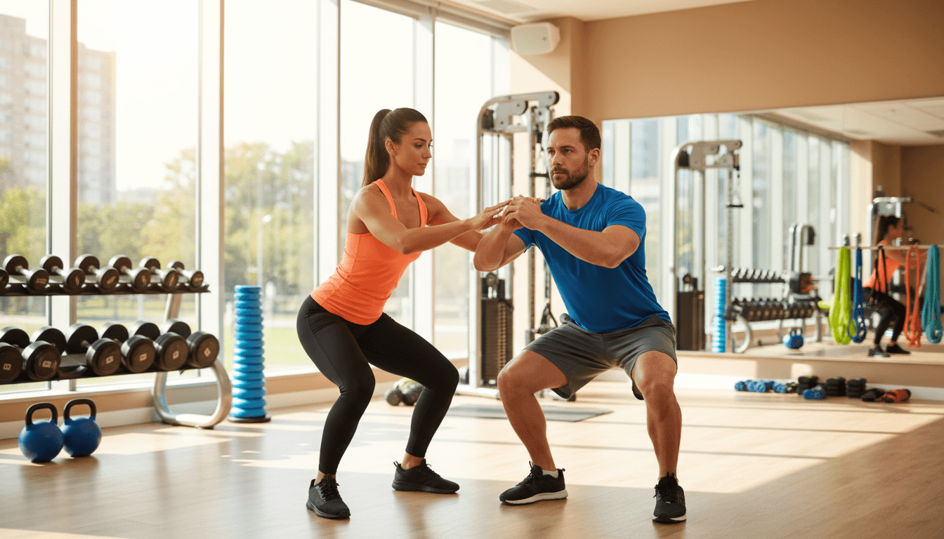 Entrenador personal trabajando con cliente en gimnasio moderno y bien iluminado