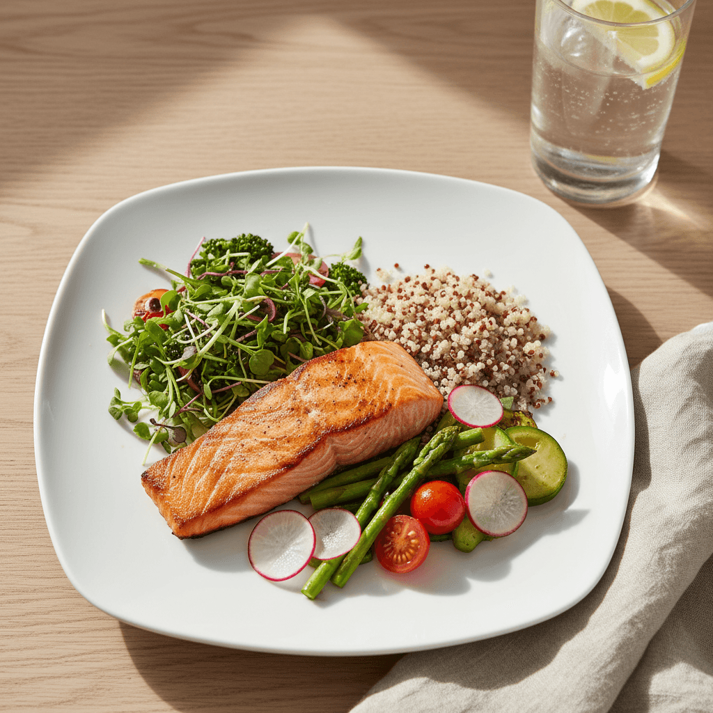 Plato de comida balanceada y nutritiva con presentación profesional