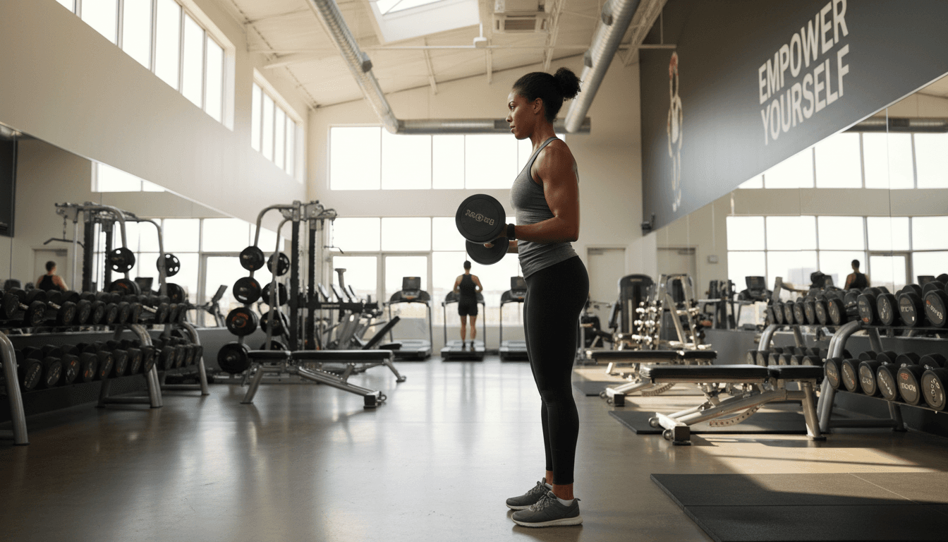Persona motivada entrenando en un gimnasio moderno con equipo profesional