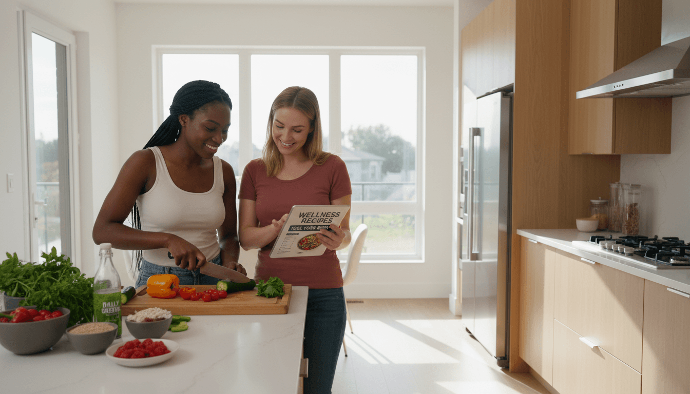 Mujer leyendo artículos de salud en la cocina moderna con alimentos frescos y saludables